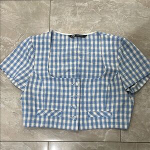 Zara Light Blue & White Gingham Square-Neck Crop Top